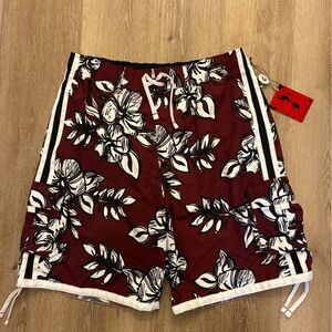 First Wave Mens Swim Trunks XL Floral Board Shorts Burgundy New With Tags